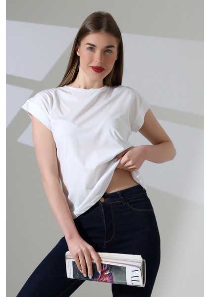 Pamuk Bisiklet Yaka Düşük Kol Basic Kadın T-Shirt 21979 Beyaz modelleri
