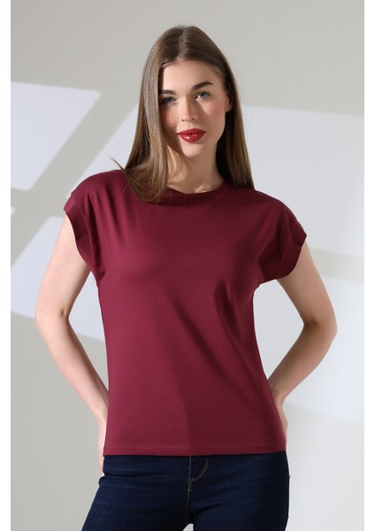 Pamuk Bisiklet Yaka Düşük Kol Basic Kadın T-Shirt 21979 Bordo