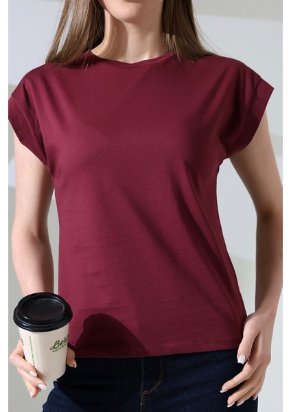 Pamuk Bisiklet Yaka Düşük Kol Basic Kadın T-Shirt 21979 Bordo fiyatları