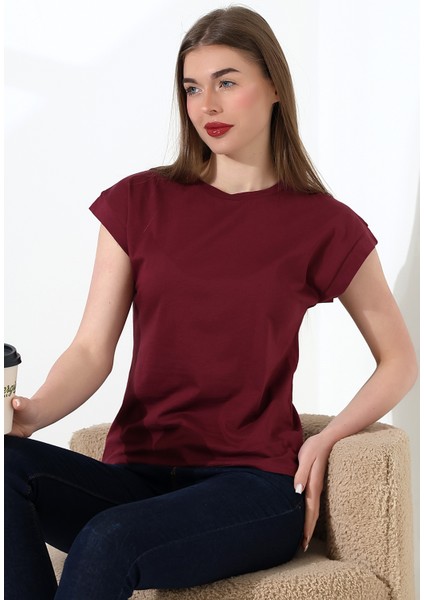 Pamuk Bisiklet Yaka Düşük Kol Basic Kadın T-Shirt 21979 Bordo modelleri