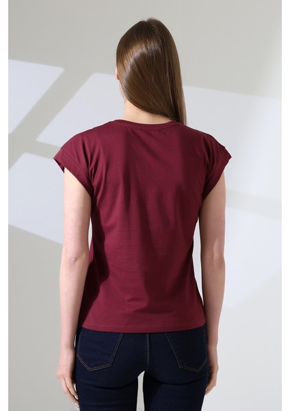 Pamuk Bisiklet Yaka Düşük Kol Basic Kadın T-Shirt 21979 Bordo fırsatları
