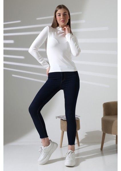 Uzun Kol Dik Yaka Basic Kadın Body T-Shirt 21950 Ekru