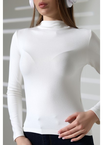 Uzun Kol Dik Yaka Basic Kadın Body T-Shirt 21950 Ekru modelleri