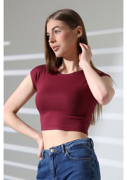 Düşük Kol Fitted Vücuda Oturan Bisiklet Yaka Kadın Basic Crop T-Shirt 21932 Bordo modelleri