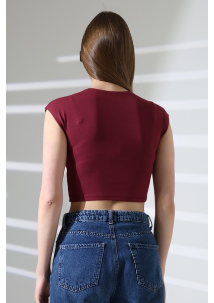 Düşük Kol Fitted Vücuda Oturan Bisiklet Yaka Kadın Basic Crop T-Shirt 21932 Bordo fırsatları
