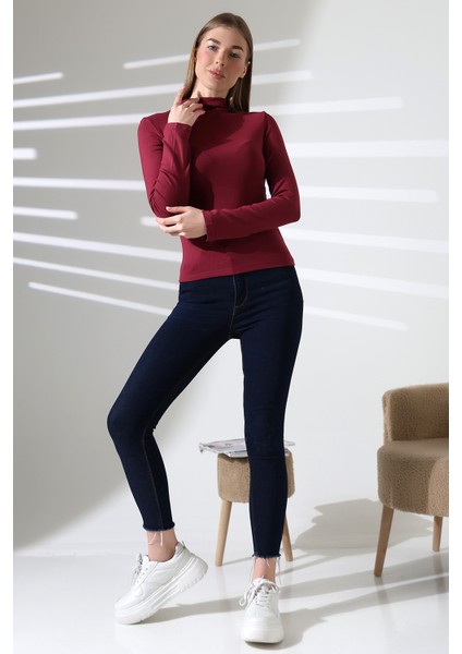 Uzun Kol Dik Yaka Basic Kadın Body T-Shirt 21950 Bordo