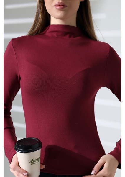 Uzun Kol Dik Yaka Basic Kadın Body T-Shirt 21950 Bordo fiyatları