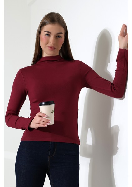 Uzun Kol Dik Yaka Basic Kadın Body T-Shirt 21950 Bordo modelleri