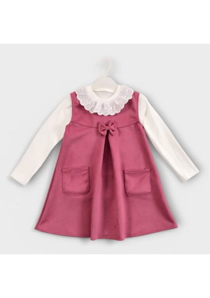 Kurdele Detaylı-Önlük Yakalı-Scuba Cepli-Kız Çocuk Elbise