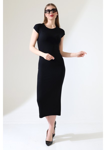 Düşük Kol Kapalı Bisiklet Yakalı Basic Kadın Uzun Günlük Elbise 21898 Siyah