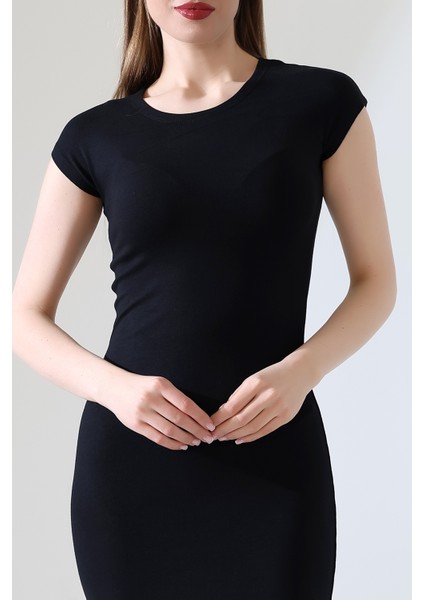 Düşük Kol Kapalı Bisiklet Yakalı Basic Kadın Uzun Günlük Elbise 21898 Siyah fiyatları