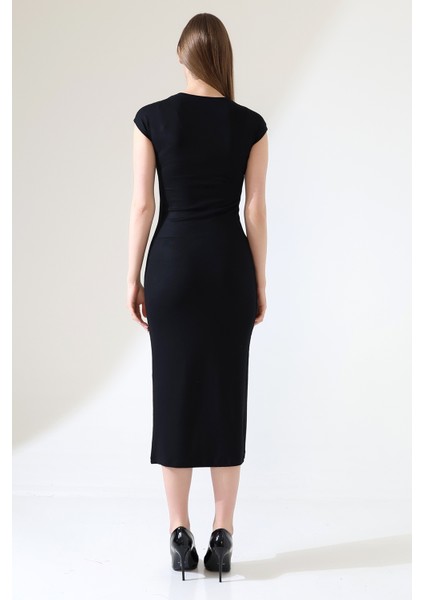 Düşük Kol Kapalı Bisiklet Yakalı Basic Kadın Uzun Günlük Elbise 21898 Siyah fırsatları