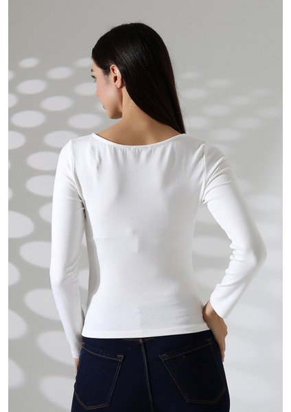 Uzun Kollu Kayık Yaka Yanları Büzgülü Vücuda Oturan Basic Kadın Body T-Shirt 21951 Ekru fırsatları