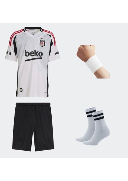 B.e.ş.i.k.t.a.ş Isimsiz Beyaz Kırmızı Şeritli 2024/2025 Sezon Çocuk Forma Takımı 4'lü Set Çorap+Bileklik