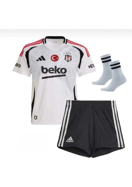 B.e.ş.i.k.t.a.ş Isimsiz Beyaz Kırmızı Şeritli 2024/2025 Sezon Çocuk Forma Takımı 4'lü Set Çorap+Bileklik modelleri