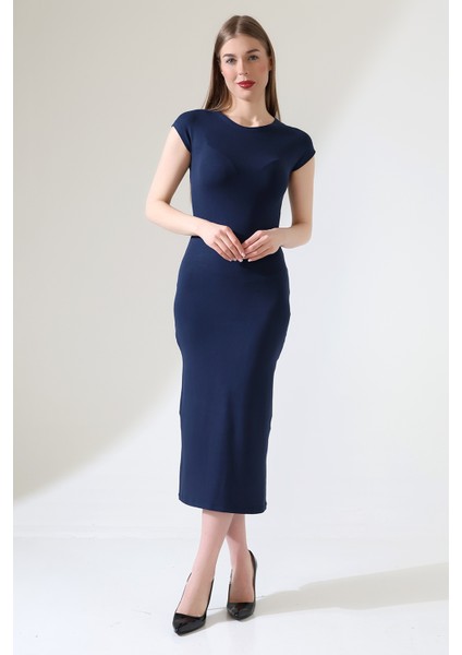 Düşük Kol Kapalı Bisiklet Yakalı Basic Kadın Uzun Günlük Elbise 21898 Lacivert