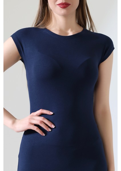 Düşük Kol Kapalı Bisiklet Yakalı Basic Kadın Uzun Günlük Elbise 21898 Lacivert fiyatları