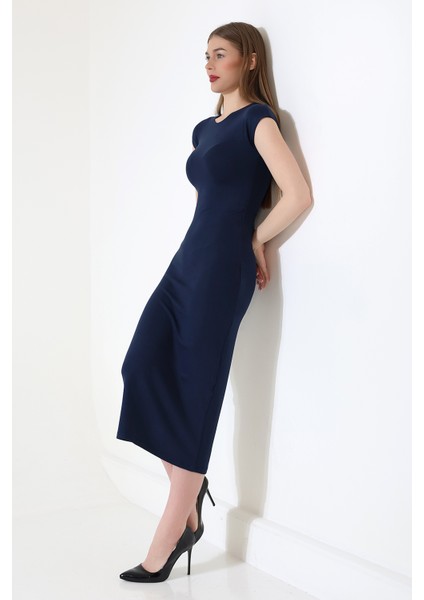 Düşük Kol Kapalı Bisiklet Yakalı Basic Kadın Uzun Günlük Elbise 21898 Lacivert modelleri