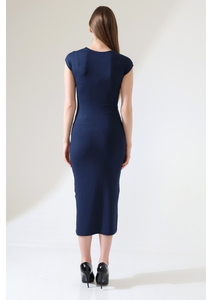 Düşük Kol Kapalı Bisiklet Yakalı Basic Kadın Uzun Günlük Elbise 21898 Lacivert fırsatları