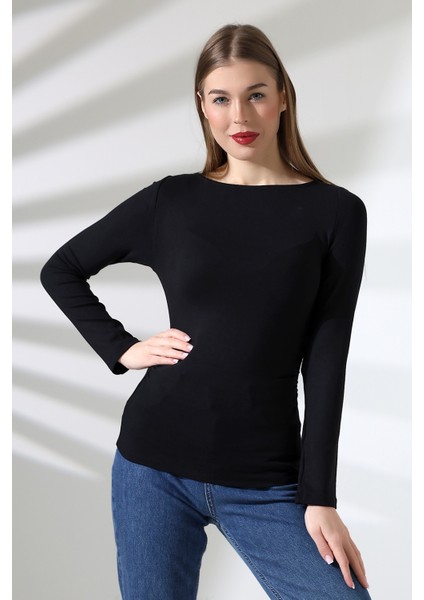 Uzun Kollu Kayık Yaka Yanları Büzgülü Vücuda Oturan Basic Kadın Body T-Shirt 21951 Siyah