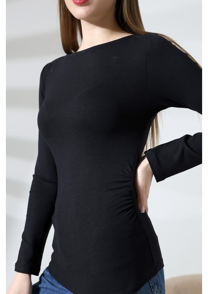 Uzun Kollu Kayık Yaka Yanları Büzgülü Vücuda Oturan Basic Kadın Body T-Shirt 21951 Siyah fiyatları