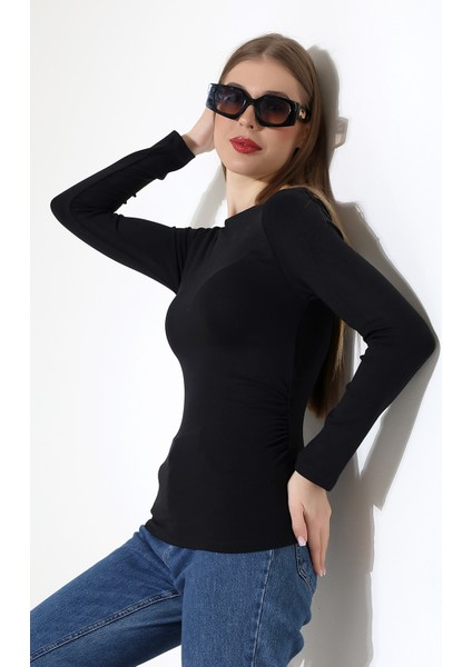 Uzun Kollu Kayık Yaka Yanları Büzgülü Vücuda Oturan Basic Kadın Body T-Shirt 21951 Siyah modelleri