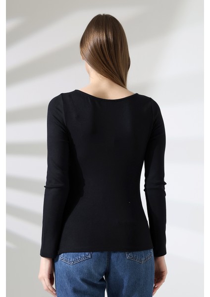 Uzun Kollu Kayık Yaka Yanları Büzgülü Vücuda Oturan Basic Kadın Body T-Shirt 21951 Siyah fırsatları