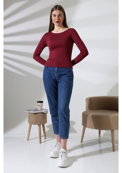 Uzun Kollu Kayık Yaka Vücudu Saran Basic Kadın Body T-Shirt 21897 Bordo