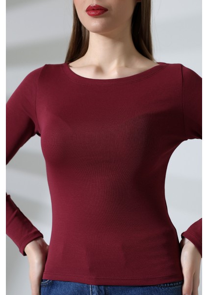 Uzun Kollu Kayık Yaka Vücudu Saran Basic Kadın Body T-Shirt 21897 Bordo fiyatları