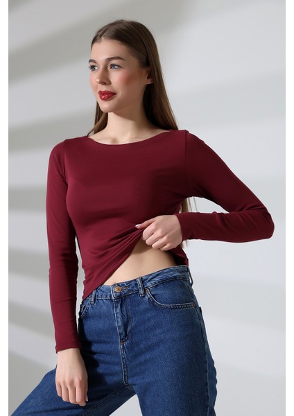 Uzun Kollu Kayık Yaka Vücudu Saran Basic Kadın Body T-Shirt 21897 Bordo modelleri