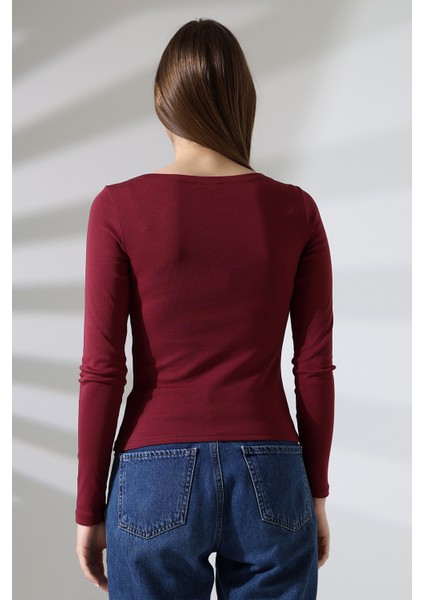 Uzun Kollu Kayık Yaka Vücudu Saran Basic Kadın Body T-Shirt 21897 Bordo fırsatları