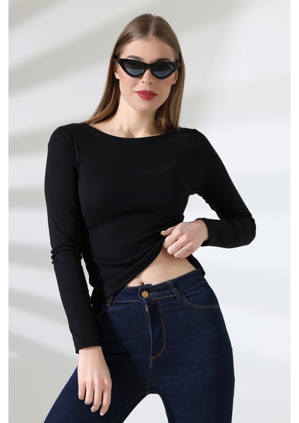 Uzun Kollu Kayık Yaka Vücudu Saran Basic Kadın Body T-Shirt 21897 Siyah