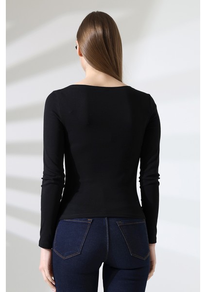 Uzun Kollu Kayık Yaka Vücudu Saran Basic Kadın Body T-Shirt 21897 Siyah