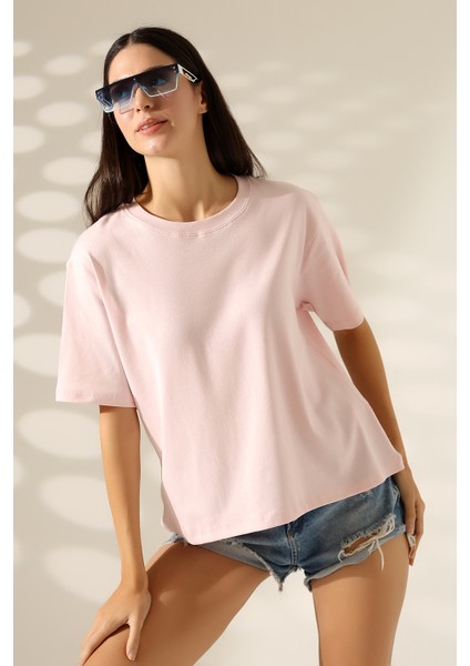 Pamuk Ribana Kumaş Bisiklet Yaka Kısa Kol Oversize Basic Düz Kadın T-Shirt 21964 Pudra