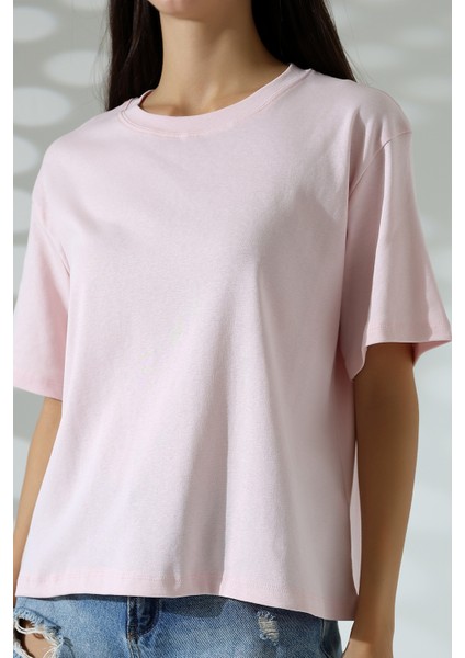 Pamuk Ribana Kumaş Bisiklet Yaka Kısa Kol Oversize Basic Düz Kadın T-Shirt 21964 Pudra fiyatları