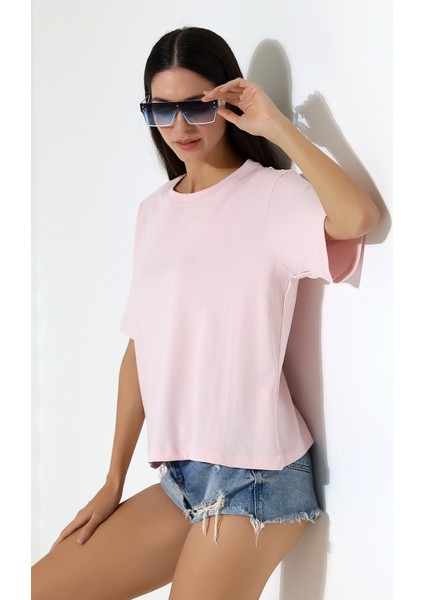 Pamuk Ribana Kumaş Bisiklet Yaka Kısa Kol Oversize Basic Düz Kadın T-Shirt 21964 Pudra modelleri