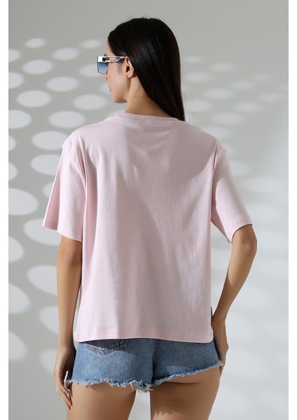 Pamuk Ribana Kumaş Bisiklet Yaka Kısa Kol Oversize Basic Düz Kadın T-Shirt 21964 Pudra fırsatları