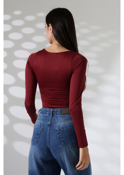 Kare Yaka Uzun Kollu Altı Külotlu ve Çıt Çıtlı Kadın Atlet - T-Shirt 21940 Bordo