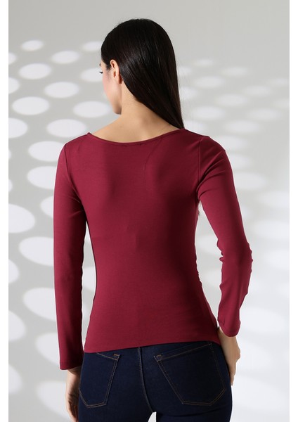 Uzun Kollu Kayık Yaka Yanları Büzgülü Vücuda Oturan Basic Kadın Body T-Shirt 21951 Bordo