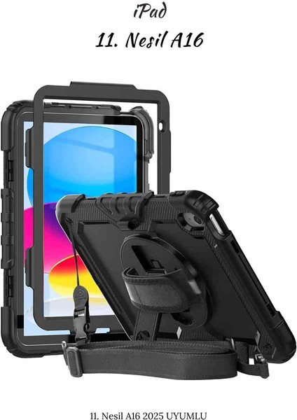 Apple iPad 11. Nesil 2025 A16 Çip Uyumlu Defender Askılı 360° Dönebilir Standlı Zırh Tablet Kılıfı