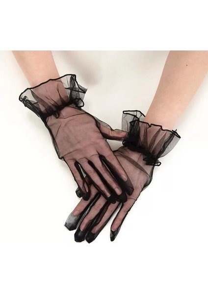 Kısa Boy Likralı Güpürlü Yetişkin Tül Eldiven Siyah Renk (4172) fiyatları