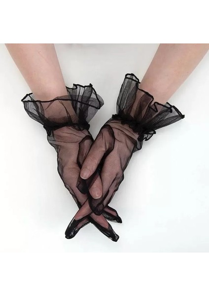 Kısa Boy Likralı Güpürlü Yetişkin Tül Eldiven Siyah Renk (4172) indirimleri