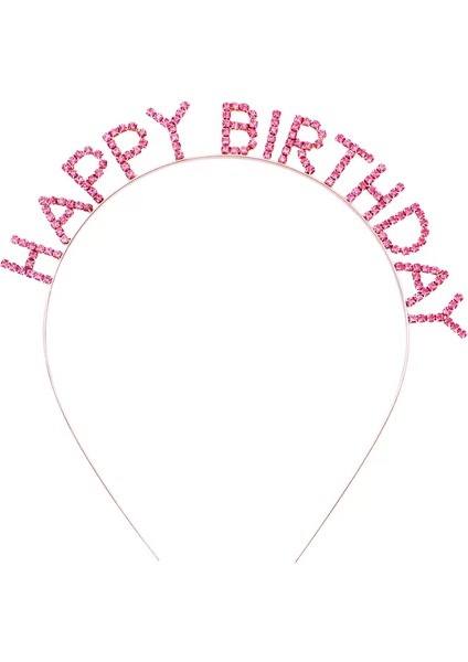 Pembe Renk Kristal Taşlı Gold Renk Kaplama Happy Birthday Taç 16X17 cm (4172)