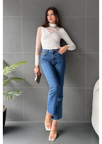 Yarım Balıkçı Tül Detaylı Bluz