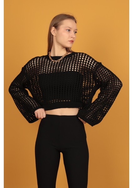 Acur Bisiklet Yaka Triko Crop-Siyah