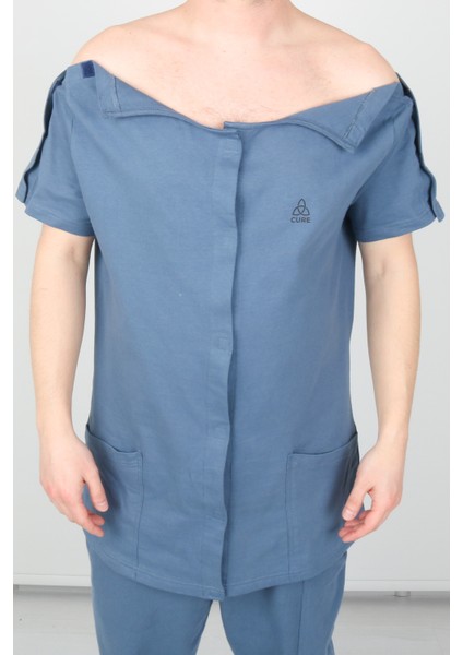 Adaptif Denim Mavi Ameliyat Sonrası Tedavi ve Hasta Bakım Kıyafeti