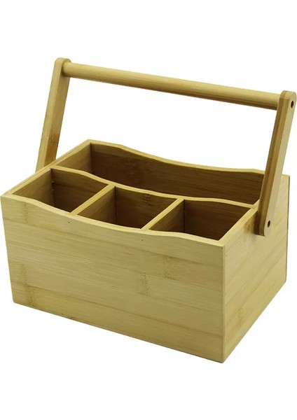 Taşıma Kulplu - 3+1 Bölmeli Tezgah Üstü Bambu - Ahşap Kaşıklık (4172)