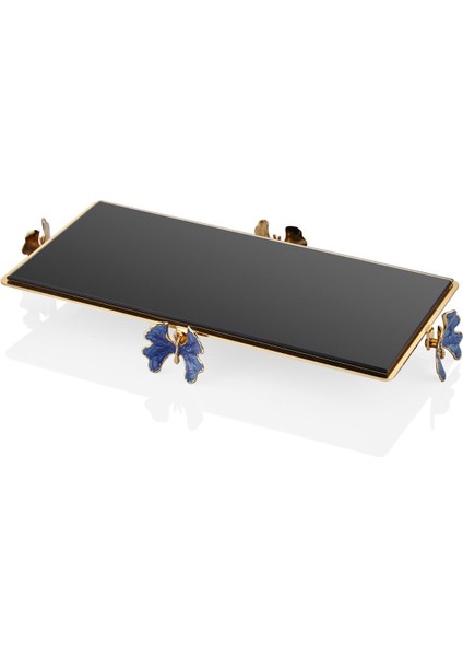 Lazer Kesim Siyah Camlı Mavi Mineli Kelebek Dikdörtgen Sunumluk Gold 18*35*4 cm