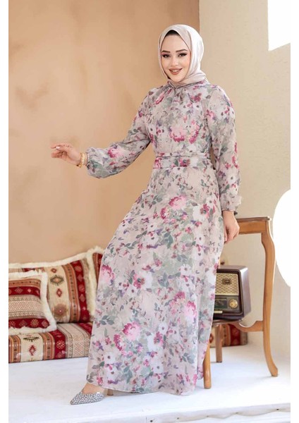 Çiçek Desenli Vizon Tesettür Elbise 27998V