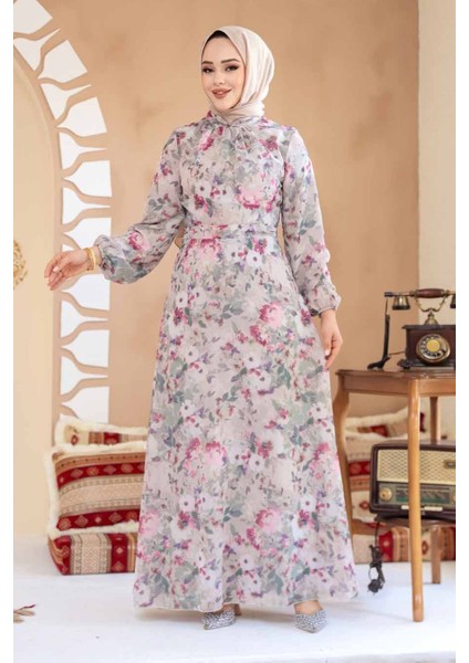 Çiçek Desenli Vizon Tesettür Elbise 27998V modelleri